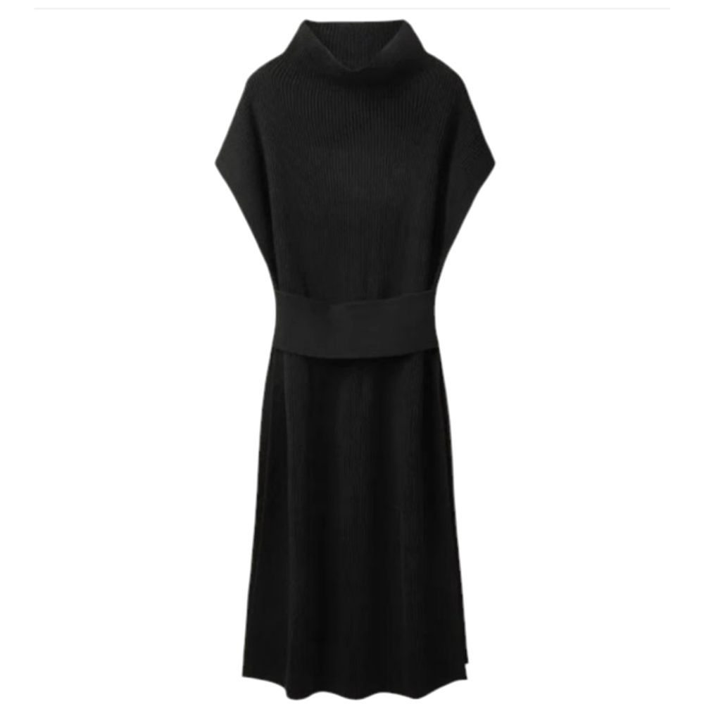 COS Black Knit Wool Tunic Dress with Waist Panel